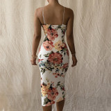 Fashion print suspender slim dress