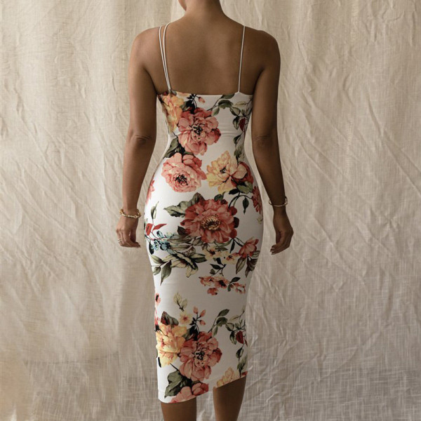 Fashion print suspender slim dress