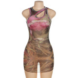 Fashion Print Cutout Round Neck High Waist Slim Fit Short One Piece