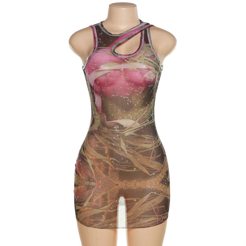 Fashion Print Cutout Round Neck High Waist Slim Fit Short One Piece