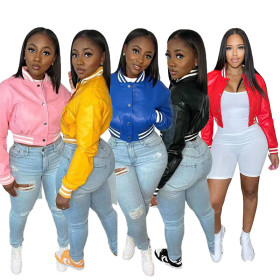 Casual women's leather clothing thread splicing single row flocking slim fit jacket F201