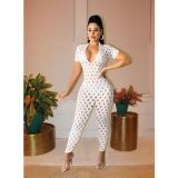 Solid Color Cutout Hole V-Neck Short Sleeve Jumpsuit