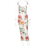 Fashion print suspender slim dress