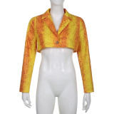 Fashion Vintage Print Suit Polo Collar Jacket Crop Top