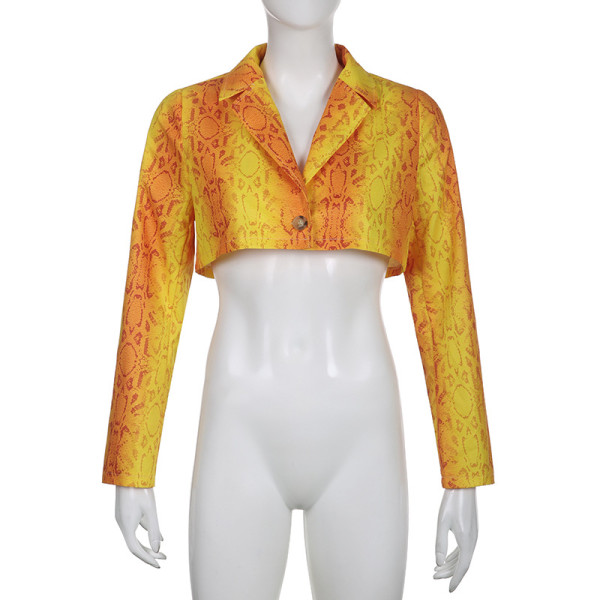 Fashion Vintage Print Suit Polo Collar Jacket Crop Top