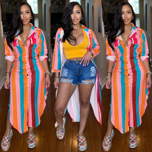 Women's Colorful Print Striped Button Pocket Dress