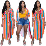 Women's Colorful Print Striped Button Pocket Dress