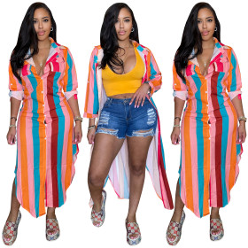 Women's Colorful Print Striped Button Pocket Dress
