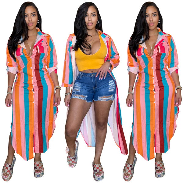 Women's Colorful Print Striped Button Pocket Dress