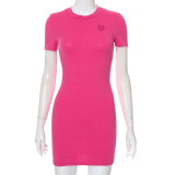 Solid Color Heart Embroidered Dress Skinny Hip Short Skirt