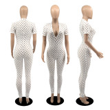 Solid Color Cutout Hole V-Neck Short Sleeve Jumpsuit