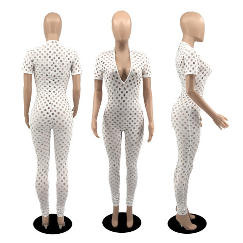 Solid Color Cutout Hole V-Neck Short Sleeve Jumpsuit