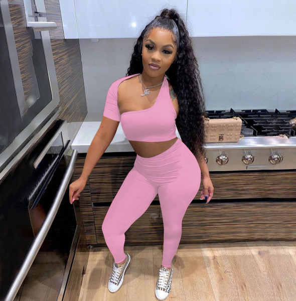 Solid color irregular backless short-sleeved casual trousers two-piece suit