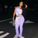 Fashion suit printed contrast color one shoulder top hip pants sports suit