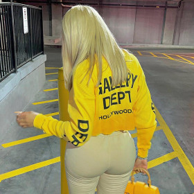 Sexy navel revealing long sleeve letter printed round neck T-shirt