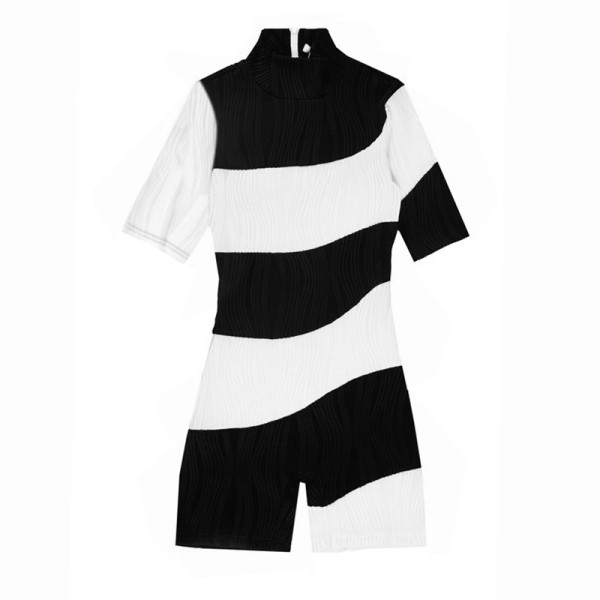 Fashion high waist slim fit high collar contrast short sleeve one-piece shorts