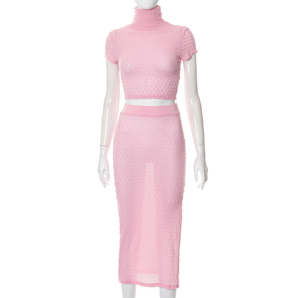 Sexy navel revealing short sleeve celebrity suit, buttock wrap skirt, two-piece set