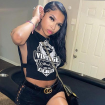 Open navel print sleeveless top European and American women's wear