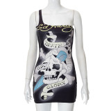 Skull print sexy suspender dress tight Hip Wrap Skirt