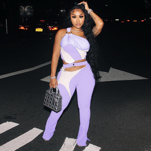 Fashion suit printed contrast color one shoulder top hip pants sports suit