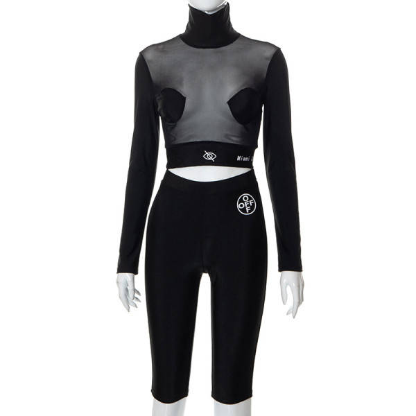 Letter print sexy slim perspective tight hip lifting Shorts Set