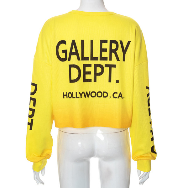 Sexy navel revealing long sleeve letter printed round neck T-shirt