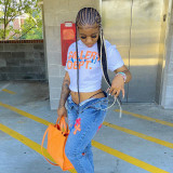 Printed letters round neck tights short sleeve T-shirt