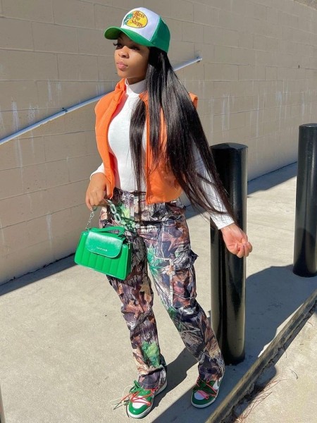 Trendy Leaf Print Straight High Waist Pocket Multicolor Cargo Pants SMJR1096