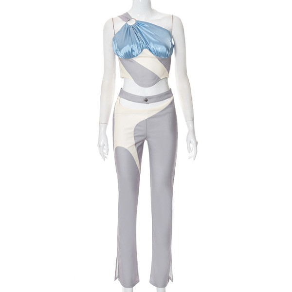 Fashion suit printed contrast color one shoulder top hip pants sports suit