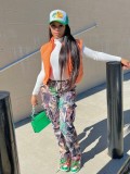 Trendy Leaf Print Straight High Waist Pocket Multicolor Cargo Pants SMJR1096