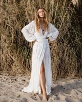 Fashion Balloon Sleeves Cotton Hemp Holiday V-Neck Slit Dress Fashion Balloon Sleeves Cotton Hemp Holiday V-Neck Slit Dress