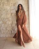 Fashion Balloon Sleeves Cotton Hemp Holiday V-Neck Slit Dress