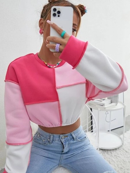 Cropped Fleece Contrast Panel Crew Neck Sweatshirt