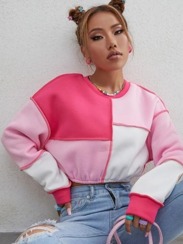 Cropped Fleece Contrast Panel Crew Neck Sweatshirt