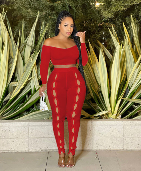 Sexy solid color one-shoulder empty navel-baring two-piece suit