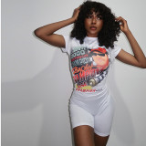 Digital Print Sexy Skinny Hip Raise Fringe Shorts Jumpsuit
