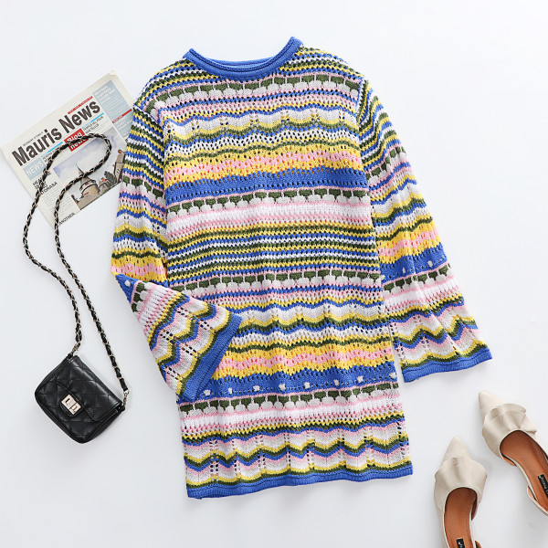 Women's Knitwear Women's Rainbow Striped Pullover Mid Length Women's Sweater