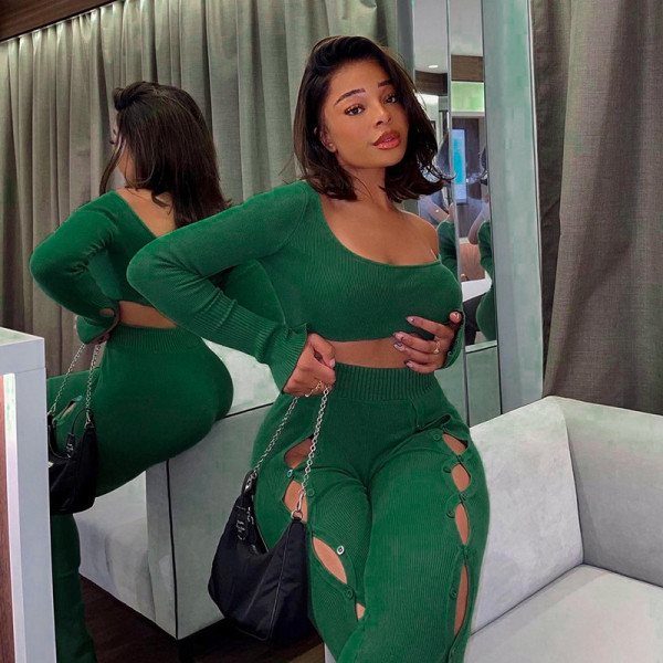 Two-piece set of square-neck open-back long-sleeved T-shirt button-up skinny trousers
