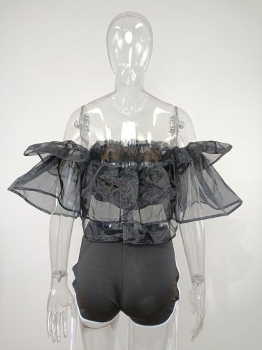 Sexy one-shoulder short-sleeved density mesh shirt crop top