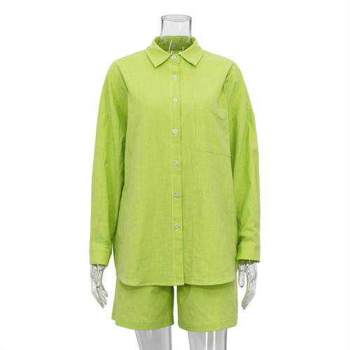 Solid Color Single Breasted Long Sleeve Lapel Shirt Shorts Loose Fashion Casual Suit