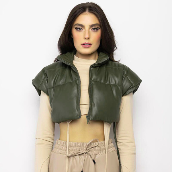 Solid color PU leather cardigan sexy cropped vest cotton coat