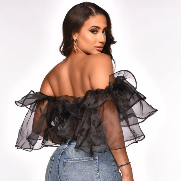 Sexy one-shoulder short-sleeved density mesh shirt crop top
