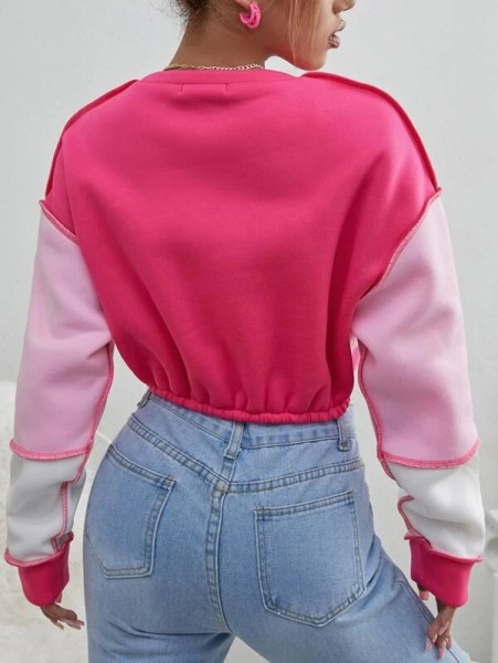 Cropped Fleece Contrast Panel Crew Neck Sweatshirt