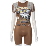 Digital Print Sexy Skinny Hip Raise Fringe Shorts Jumpsuit