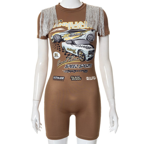 Digital Print Sexy Skinny Hip Raise Fringe Shorts Jumpsuit