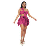 One-shoulder strapless drawstring fringed two-piece shorts