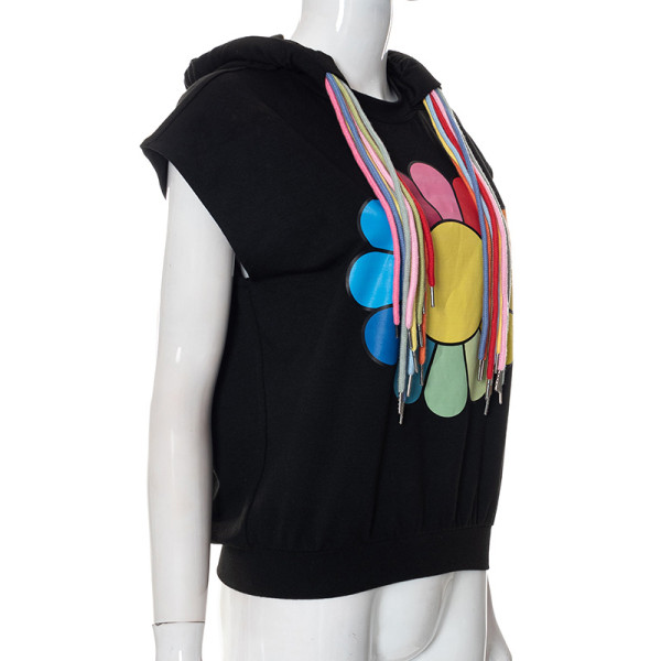 Sunflower Print Oversized Hooded Short Sleeve Sweatshirt