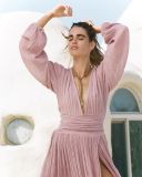 Fashion Balloon Sleeves Cotton Hemp Holiday V-Neck Slit Dress
