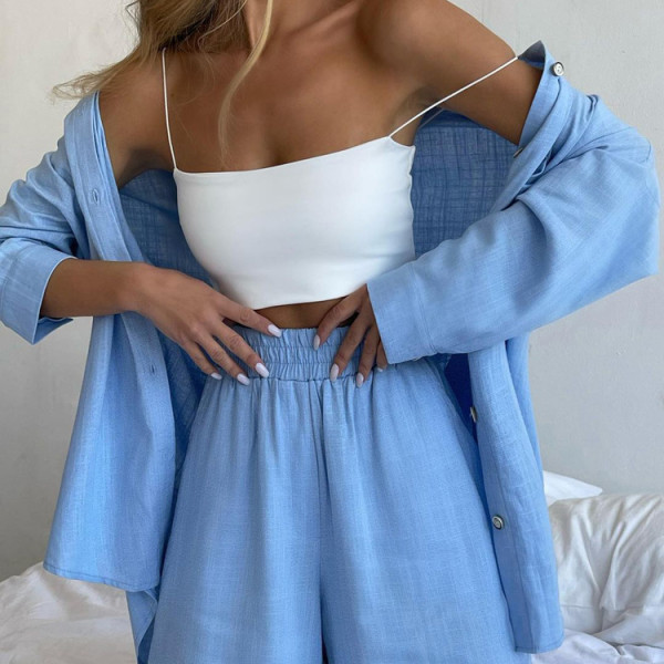 Solid Color Single Breasted Long Sleeve Lapel Shirt Shorts Loose Fashion Casual Suit