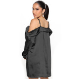 Shirt Long Sleeve Fashion Satin Sexy One Shoulder Shirt Sling Skirt
